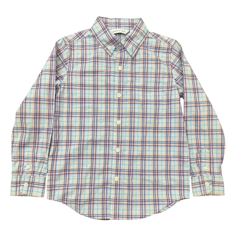 Janie and Jack Boys Light Blue Orange Plaid Button Down‎ Shirt Size 4 Cotton